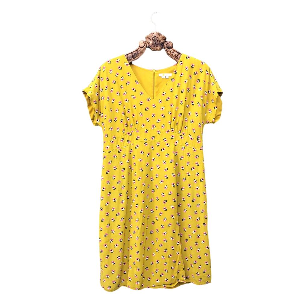 Boden Yellow Floral Midi Dress Short Sleeve V Neck Pockets Plus 14